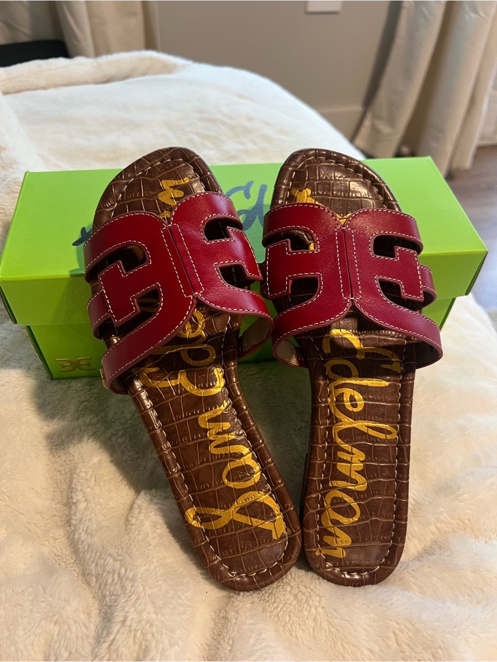 Sam Edelman Burgundy Leather Slide Sandals with Croc-Print Footbed